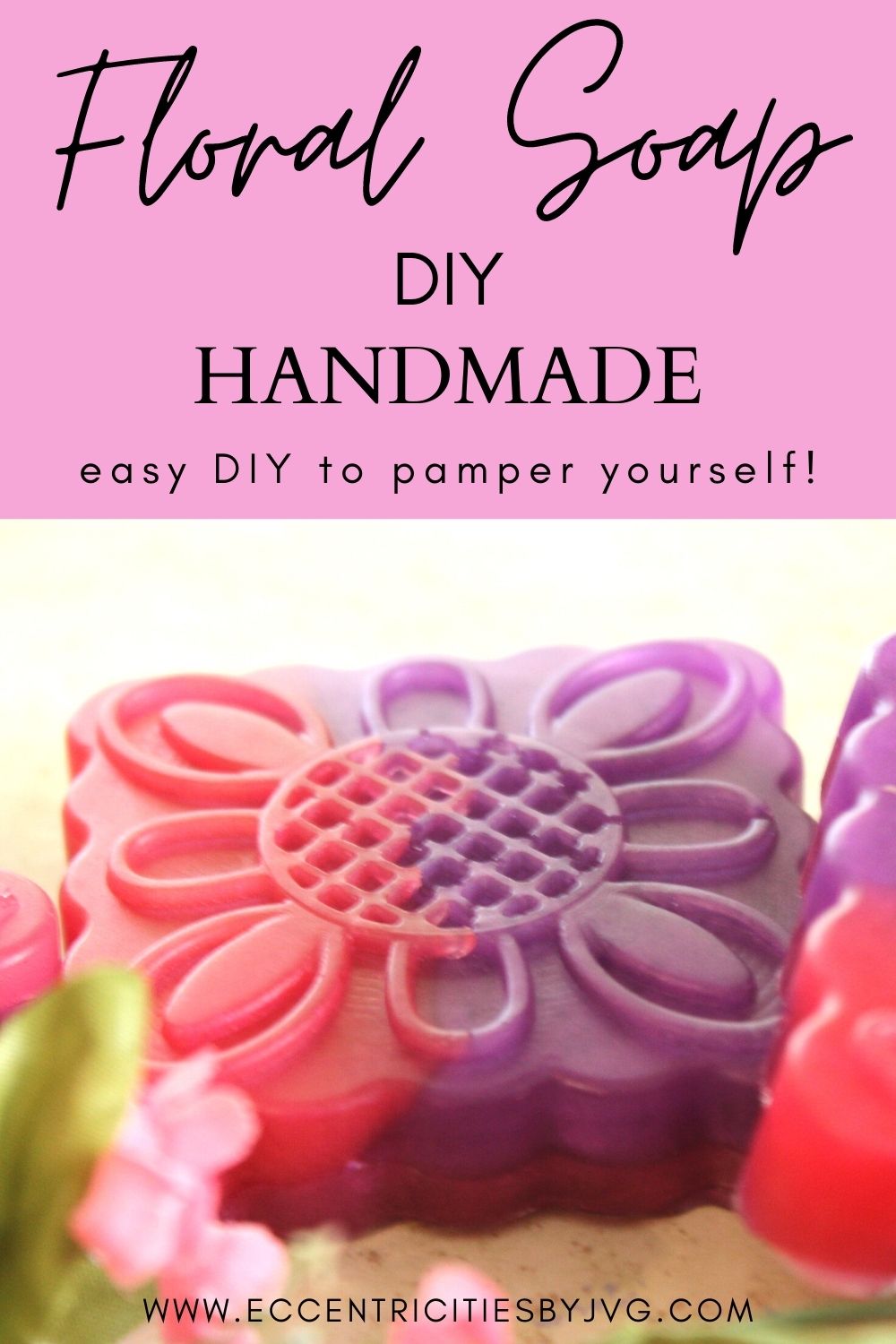 Floral handmade hand soap final products in purple and pink for Pinterest pin